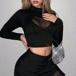 Black Sexy Women's Y2k Mock Neck Heart Mesh Insert Club Crop Tee
